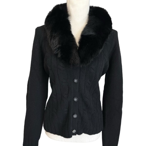 L Pure cashmere Sweaters - L PURE Cashmere 100% Cashmere Black Cable Knit Faux Fur Sweater Women’s Size L